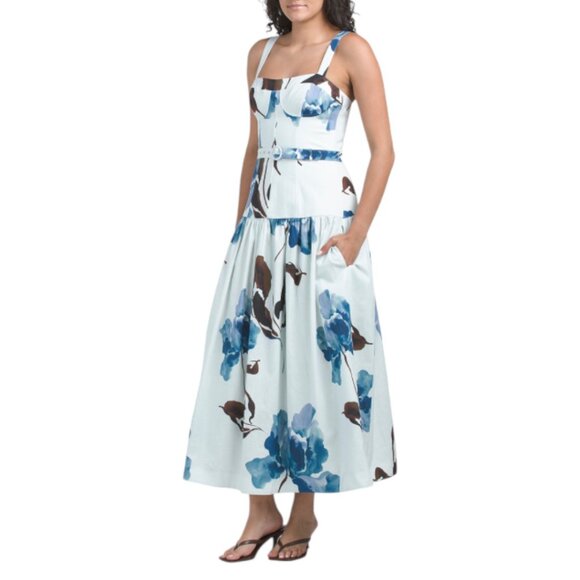 NICHOLAS Sky Linen Blend Lidia Bustier Drop Waist Dress
